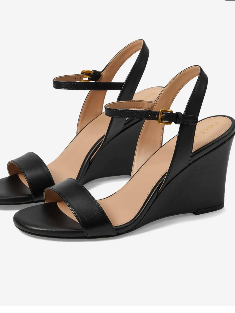 Cole Haan Black Leather Ankle-Strap Wedge Sandals